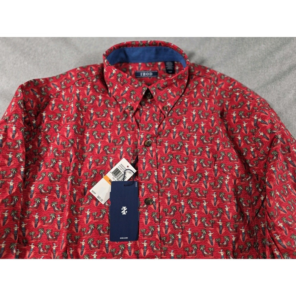 IZOD Shirt Button Up Surfing Tropical Santa Men's Small Red All over Print NEW
